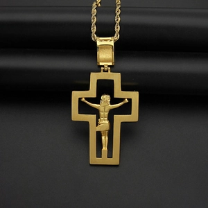 Collana a corda in acciaio placcato oro con ciondolo a croce crocifisso Gesù con intagli