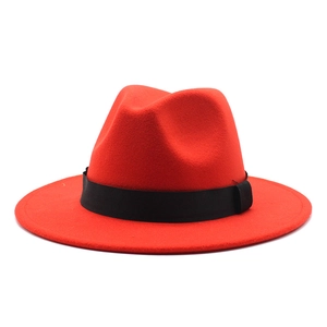 Classic red wool fedora hat with flat brim and wide black grosgrain ribbon band