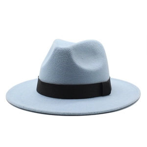Classic light blue felt fedora hat with black decorative ribbon band on white background