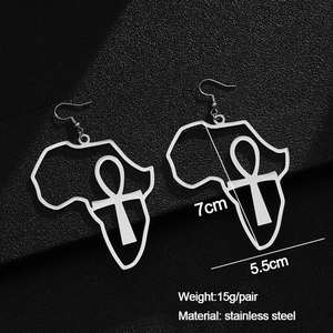 Silver stainless steel Africa map earrings with Ankh symbol design, 7cm drop length