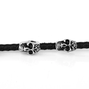 Vintage punk woven leather bracelet with silver skull and rose metal charms