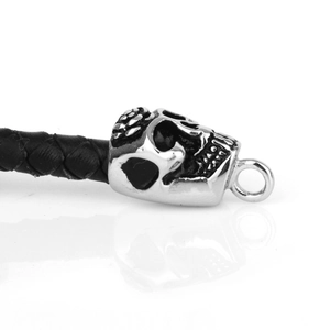 Punk woven leather bracelet with silver steel skull charm and intricate carvings