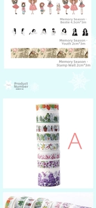 Macro view of assorted washi tape set featuring floral patterns and retro stamp designs