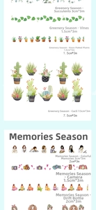 Detailed size guide for plant and character themed washi tape rolls with various widths