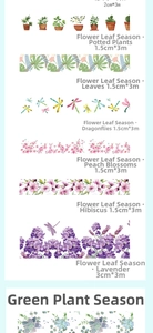 Detailed close-up of decorative washi tapes with natural leaf and floral plant patterns