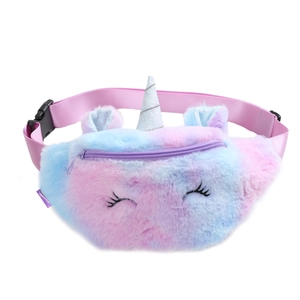 Cute unicorn plush crossbody chest bag for girls with pink and blue gradient fur