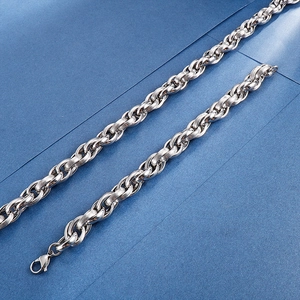 Detailed close-up of a silver stainless steel link chain with a secure lobster clasp