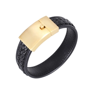 Bracelet En Cuir Tressé Pour Homme Acier Inoxydable Fermoir Magnétique Large Véritable Cuir De Vache Bijoux Style Punk Or Noir