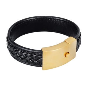 Bracelet tressé en cuir pour homme avec fermoir magnétique en acier doré poli