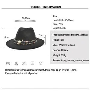 Two-tone wool fedora hat with ethnic woven band and silver bull skull metal ornament
