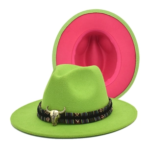 Two-tone wool fedora in neon green and pink with tribal bull skull band accessory