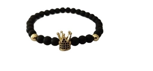 6mm matte black stone beaded bracelet with golden micro-pave crown charm for men and women