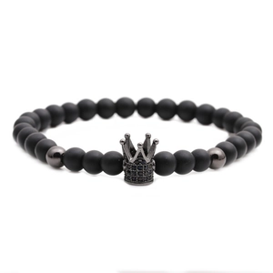 6mm matte black stone beaded bracelet with a dark gray metal crown charm for men