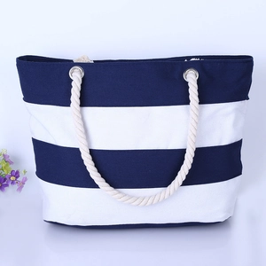 Striped Canvas Tote Bag With Rope Handles Fashion Large Capacity Beach Shoulder Bag For Women