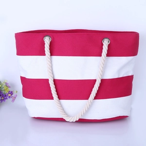 Minimalist red and white striped canvas tote bag with thick rustic hemp rope handles