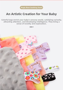 Macro detail of baby security blanket featuring colorful ribbon tags and grey minky fabric