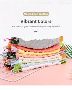 Close-up of baby security blanket with colorful tags and 3D textured plush fabric