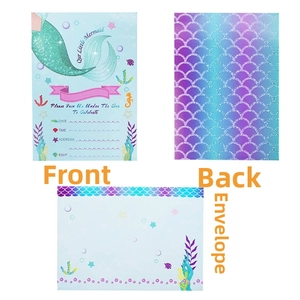Blue and purple mermaid party invitations with sea shells, seahorse, and matching envelope