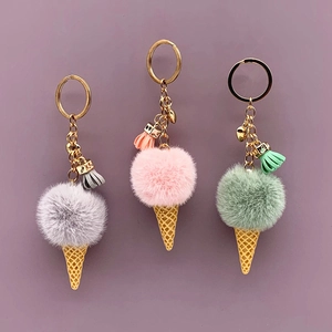 Cute Ice Cream Keychain Faux Fur Ball Plush Pendant Resin Cone With Tassel And Metal Heart Charm Bag Decor