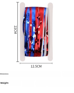 Size chart showing red, blue, and silver fringe curtain dimensions and weight specs