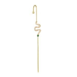Detail of gold snake ear crawler with white cubic zirconia and green gemstone accents
