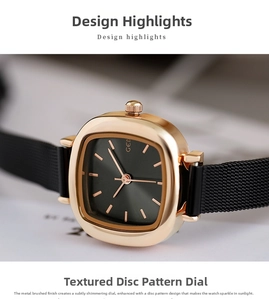 Macro detail of sunburst textured green dial and gold cushion-shaped case on a mesh strap