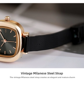 Close-up of retro black square dial watch with rose gold case and Milanese mesh steel strap