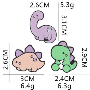 Detailed size chart for three cute pastel cartoon dinosaur enamel pins and badges