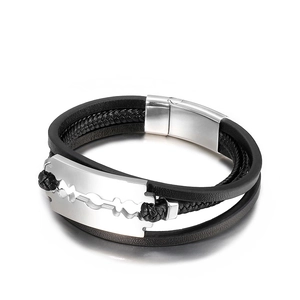 Men's multilayer black leather braided bracelet with stainless steel razor blade charm