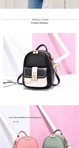 Detail of mini PU leather backpacks with cat-shaped locks and daisy charms in multi-colors