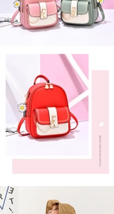 Detailed close-up of mini PU leather backpacks with daisy and cat charms in various colors