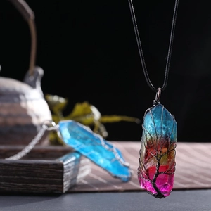 Colorful gradient crystal pillar tree of life wire-wrapped necklace pendant