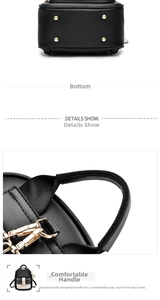 Detail of black PU leather backpack with gold anti-wear studs and reinforced handle