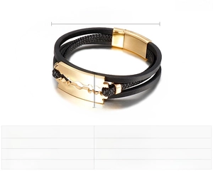 Detailed view of black braided leather bracelet with golden razor blade pendant and size chart