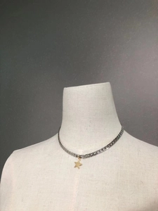 Detailed view of silver flat chain necklace with a gold star pendant on a model stand