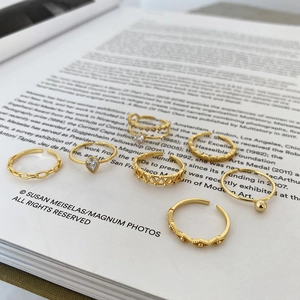7-piece minimalist gold S925 sterling silver rings set with chain and zircon designs