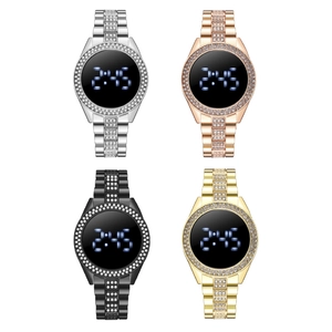 Fashion women's rhinestone LED touch screen digital watches in four metallic colors