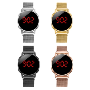 Fashion LED touch screen watches with magnetic mesh straps in silver, gold, black, and rose gold
