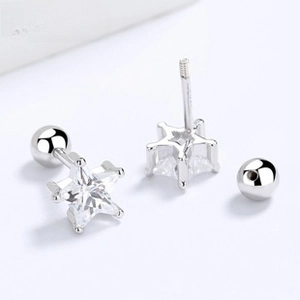 Macro shot of 925 silver star stud earrings with zirconia and threaded screw back