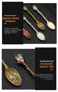 Detailed views of vintage alloy coffee spoon with crystal top and floral leaf patterns