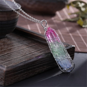 Gradient crystal pillar tree of life necklace with handmade silver wire wrapping