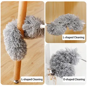 Extendable microfiber duster with flexible head for L-shaped and O-shaped home cleaning