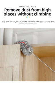 Close-up of flexible microfiber duster head with telescopic metal pole for high cleaning