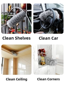 Extendable microfiber duster showing versatility for cleaning shelves, cars and high ceilings