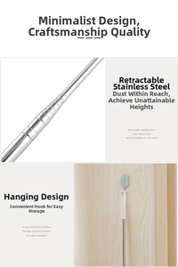 Detail of retractable stainless steel dust duster rod with blue hanging hook for storage