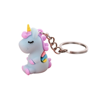 Blue cartoon unicorn keychain with pink mane and yellow horn on a white background