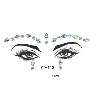 Detail view of YT-113 holographic face jewels with forehead and under-eye crystal design