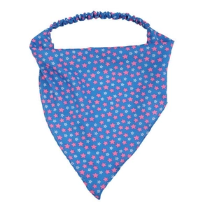 Blue triangle headscarf with pink star patterns and elastic band for beach and cycling