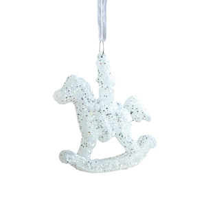 Sparkling white rocking horse Christmas ornament with silver sequins for festive hanging decor