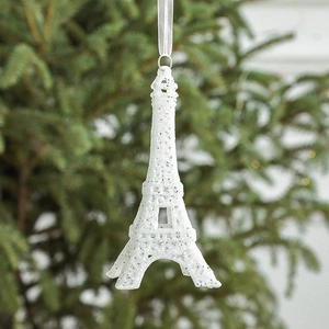 White glitter Eiffel Tower Christmas tree ornament with hanging string for holiday decor